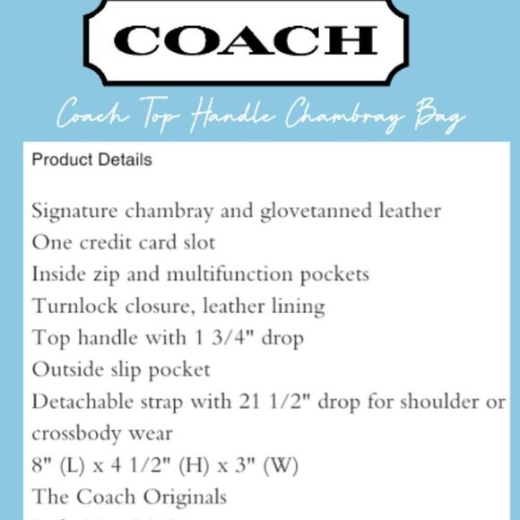 RETAIL Coach Denim Quilted Top Handle Bag- Light Chambray (Acid Wash Denim) - Picture 10 of 15